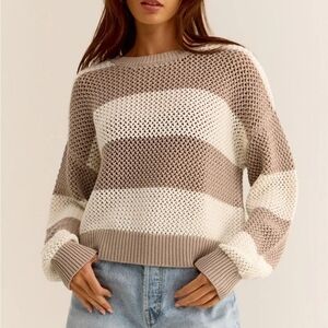 Z Supply Women's M Cream & Tan Broadbeach Striped Knit Sweater